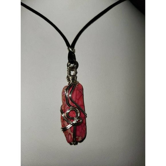 Artisan Wire Wrapped Silver Necklace w/Pink Stone on Adjustable Length Knotted - Picture 3 of 6